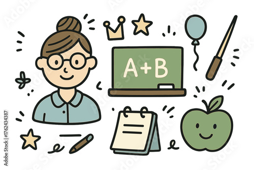 Teacher Icon Set. Teacher doodle icon set: hand drawn icons of teacher figure, chalkboard, pointer, crown, star, balloon, notebook