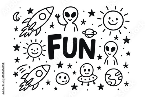 Cosmic Doodle Fun. Doodle cosmic fun with rockets, aliens, and smiling suns, center word “Fun” in black and white isolated