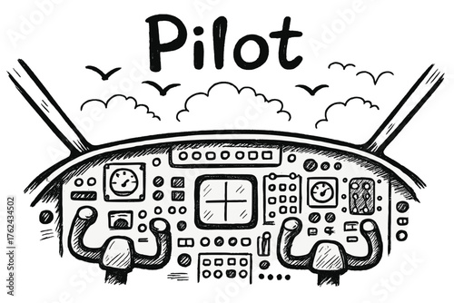 Whimsical Cockpit Design. Hand-drawn cockpit with wings, buttons, and birds, center word “Pilot” in black and white isolated