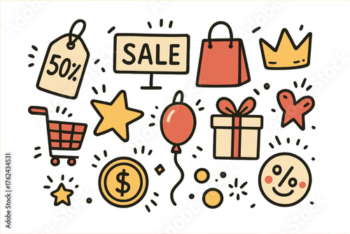 Sale Doodle Icons. Sale doodle icon set: hand drawn icons of discount tag, price sign, bag, cart, crown, star, balloon, gift box,