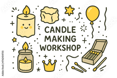 Candle Workshop Icons. Candle making workshop doodle icon set: hand drawn icons of candle with smile, wax, crown, star, balloon,