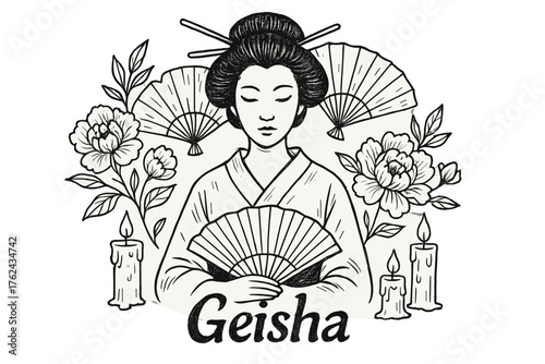 Elegant Geisha Design. Hand-drawn geisha with fans, flowers, and candles, center word “Geisha” in black and white isolated