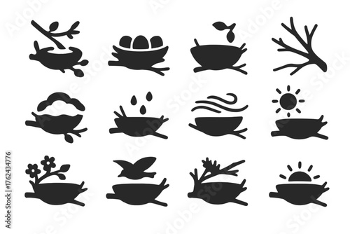 Seasonal Nest Icons. Solid style icons of Seasonal Nests: spring building nest, summer full nest, autumn abandoned nest, winter