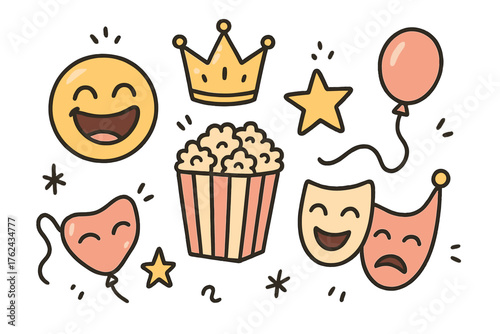 Comedy Doodle Icons. Comedy movie doodle icon set: hand drawn icons of laughing face with smile, popcorn, crown, star, balloon,