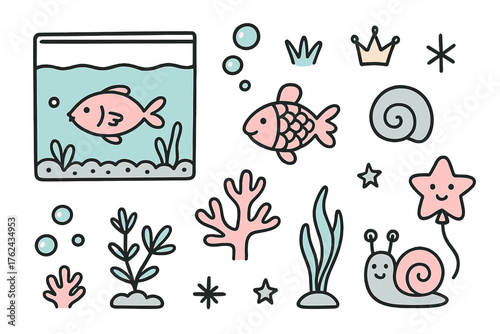 Aquarium Icon Collection. Aquarium doodle icon set: hand drawn icons of tank, fish, coral, shell, bubble, crown, star, balloon,