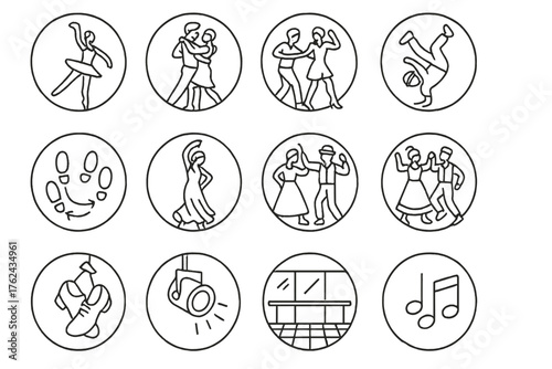 Dance Style Icons. Line style round icons of dance styles: ballet pose, tango couple, salsa move, hip hop break; waltz step,
