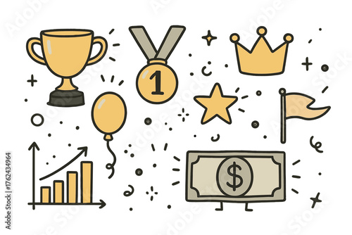 Success Doodle Icons. Success doodle icon set: hand drawn icons of trophy, medal, crown, star, balloon, flag, graph, and smiling