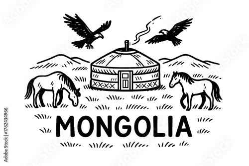 Mongolian Yurt Doodle. Doodle mongolian yurt with horses, eagles, and grasslands, center word “Mongolia” in black and white