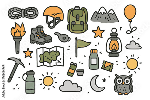 Adventure Icons Collection. Adventure travel doodle icon set: hand drawn icons of rope, helmet, backpack, mountain, torch, boots,