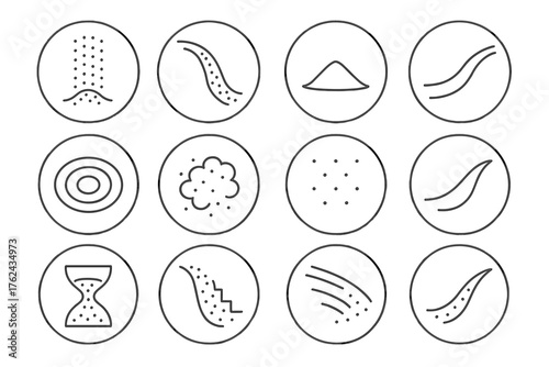 Sand Motion Icons. Line style round icons of sand motion: grain fall, flow curve, piling base, smooth stream; ripple, dust, tiny