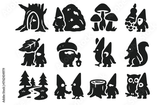 Forest Gnome Icons. Solid style icons of Forest Gnomes: tree hollow home, mossy rock, mushroom cluster, leafy hat, acorn cup,