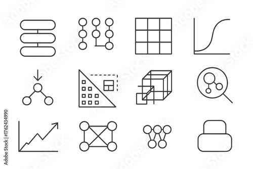 Deep Learning Icons. Line style round icons of deep learning: neural layers, input nodes, hidden layer, output tag; weight matrix,