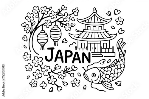 Japanese Temple Doodle. Doodle japanese temple with sakura, koi fish, and lanterns, center word “Japan” in black and white