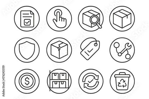 Reverse Logistics Icons. Line style round icons of reverse logistics: return label, pickup request, item inspection, repack icon;