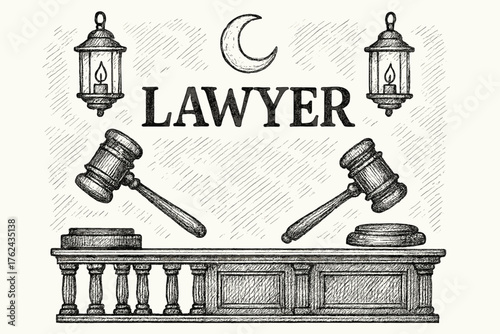 Courtroom Elements Illustration. Hand-drawn courtroom with lanterns, hammers, and moons, center word “Lawyer” in black and white