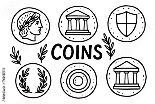 Ancient Coin Doodles. Doodle ancient coins with laurels, temples, and shields, center word “Coins” in black and white isolated
