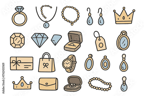 Jewelry Doodle Icons. Jewelry shop doodle icon set: hand drawn icons of ring, necklace, bracelet, earrings, crown, gem, diamond,