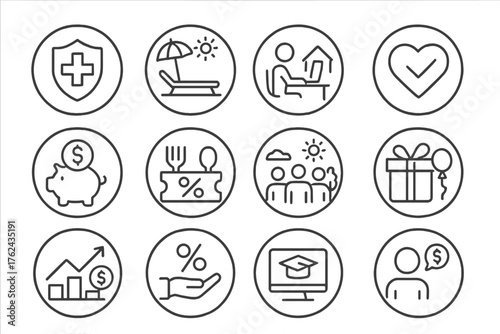 Line Style Benefit Icons. Line style round icons of employee benefits: health insurance, paid leave, remote work icon, wellness