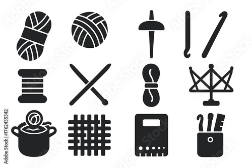 Fiber Arts Icons. Solid style icons of Fiber Arts: wool skein, yarn ball, drop spindle, crochet hook, loom thread, knitting