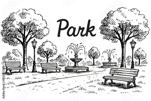 Urban Park Sketch. Hand-drawn urban park with benches, trees, and fountains, center word “Park” in black and white isolated