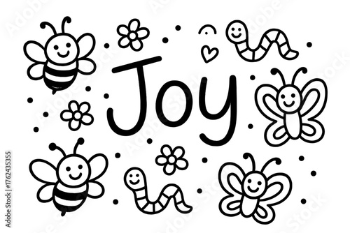 Joyful Insect Doodles. Doodle insect joy with smiling bees, worms, and butterflies, center word “Joy” in black and white isolated
