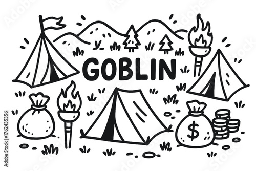 Goblin Camp Doodle. Doodle goblin camp with tents, torches, and treasure bags, center word “Goblin” in black and white isolated