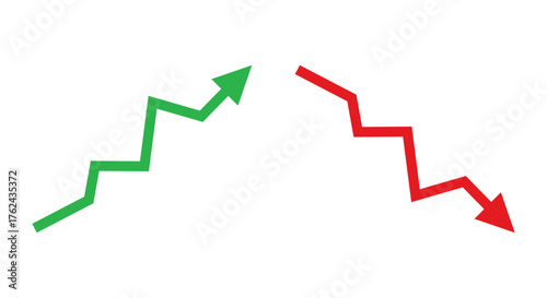 Graph going Up and Down sign with green and red arrows vector. Flat design vector illustration concept of sales bar chart symbol icon with arrow moving down and sales bar chart with arrow moving up.