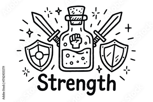 Strength Potion Doodle. Doodle strength potion with swords, shields, and sparks, center word “Strength” in black and white