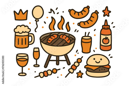 BBQ Doodle Icons. BBQ party doodle icon set: hand drawn icons of grill, sausages, drinks, crown, star, balloon, skewers, ketchup,
