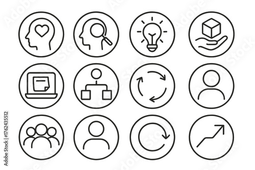 Design Thinking Icons. Line style round icons of design thinking: empathize icon, define stage, ideate stage, prototype block;