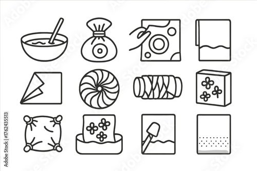 Fabric Dye Technique Icons. Line style round icons of fabric dye techniques: shibori, tie-dye, batik, dip dye; resist fold, twist,