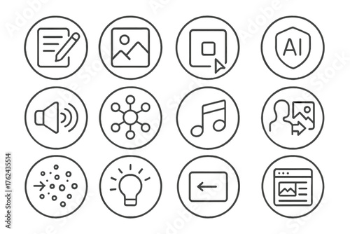Generative AI Icons. Line style round icons of generative AI: text generation, image output, prompt icon, AI art badge; synthetic