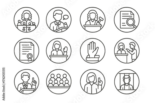 Legal Process Icons. Line style round icons of legal process: trial, testimony, verdict, evidence; subpoena, opening statement,