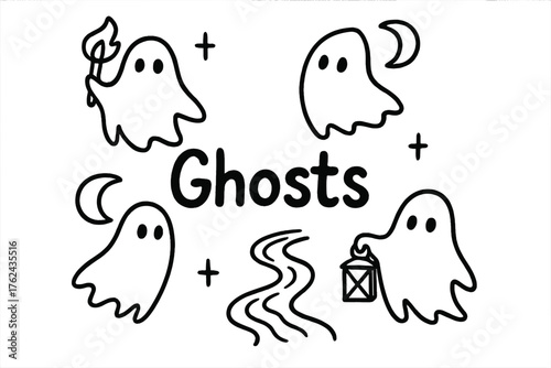 Ghosts and Moonscape. Doodle ghosts wandering with moons, torches, and rivers, center word “Ghosts” in black and white isolated