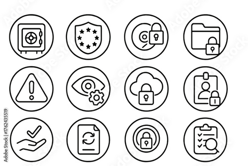 Data Protection Icons. Line style round icons of data protection: data vault, GDPR shield, encrypted disk, folder lock; data