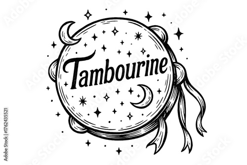 Moonlit Tambourine Design. Hand-drawn tambourine with moons, sparkles, and ribbons, center word “Tambourine” in black and white