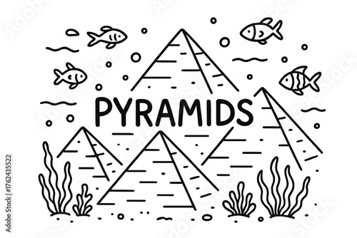 Underwater Pyramids Doodle. Doodle underwater pyramids with fish, seaweed, and bubbles, center word “Pyramids” in black and white