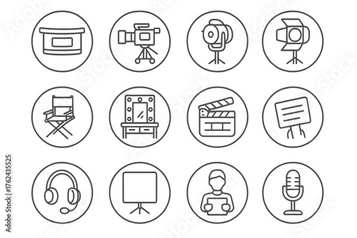 TV Studio Icons. Line style round icons of TV studio: news desk, camera, spotlight, teleprompter; studio chair, makeup mirror,