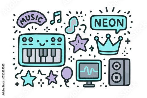Electronic Night Doodle Icons. Electronic night doodle icon set: hand drawn icons of synthesizer with smile, neon signs, crown,