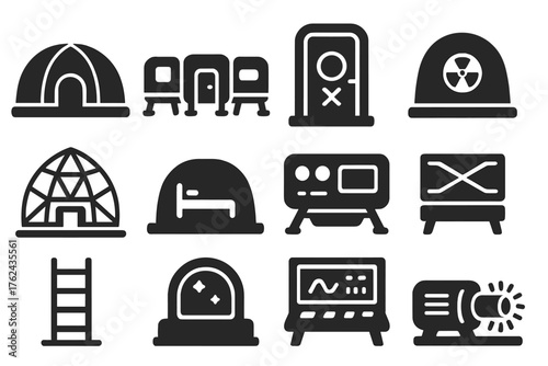 Lunar Habitat Icons. Solid style icons of Lunar Habitat: inflatable dome, modular habitat, airlock door, radiation shield,
