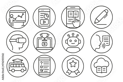 Educational Tech Icons. Line style round icons of educational technology: interactive board, learning analytics, e-learning app,