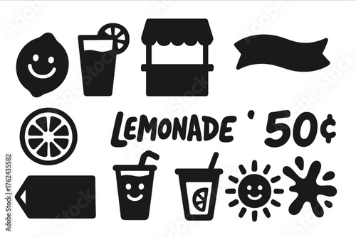 Playful Lemonade Icons. Solid style icons of Lemonade branding and fun: smiley lemon, glass logo, stand nameplate, handwritten