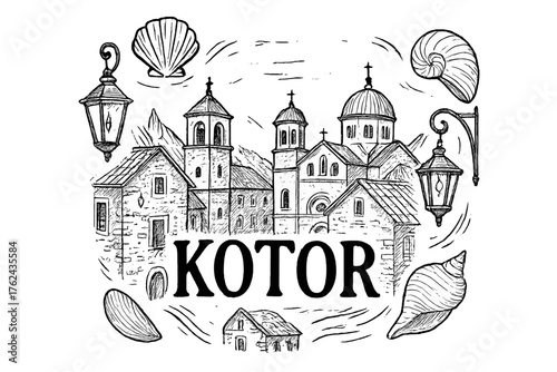 Kotor Old Town Art. Hand-drawn kotor old town with lanterns, domes, and seashells, center word “Kotor” in black and white isolated
