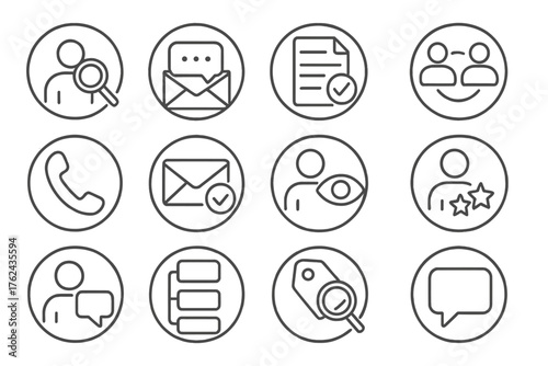Prospecting Icon Set. Line style round icons of prospecting: contact search, outreach message, qualification sheet, connection