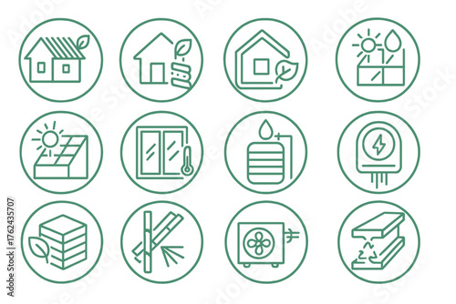 Eco-Friendly Building Icons. Line style round icons of green building design: green roof, eco insulation, passive house, natural
