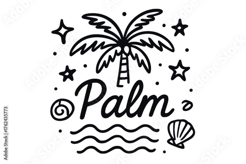 Doodle Palm Design. Doodle palm tree with stars, waves, and shells, center word “Palm” in black and white isolated transparent