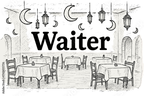 Lunar Lantern Restaurant. Hand-drawn restaurant hall with moons, lanterns, and tables, center word “Waiter” in black and white