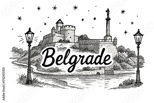 Belgrade Fortress Art. Hand-drawn belgrade fortress with rivers, stars, and lanterns, center word “Belgrade” in black and white