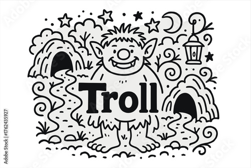 Doodle Troll Cave. Doodle troll with caves, stars, and lanterns, center word “Troll” in black and white isolated transparent