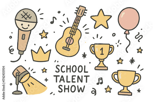 School Talent Show Icons. School talent show doodle icon set: hand drawn icons of microphone with smile, guitar, crown, star,